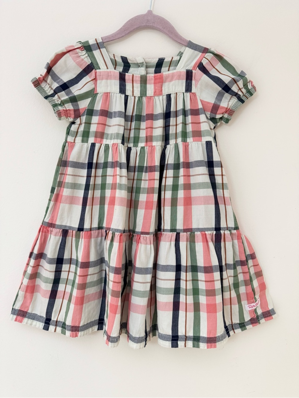 RuffleButts Plaid Tiered Dress Short Sleeve Pink Green Navy Size 5 Like New